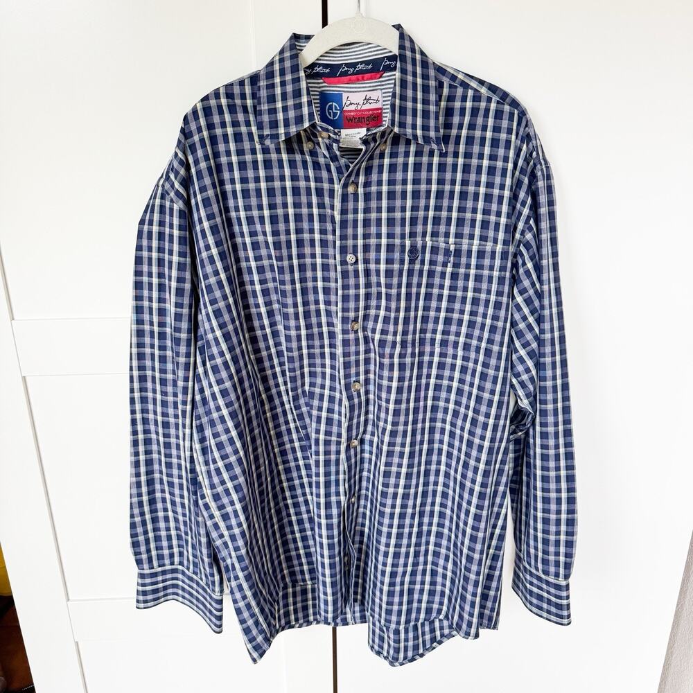 George Straight Wrangler Button Down Shirt LARGE‎ Mens Blue Plaid Long Sleeve